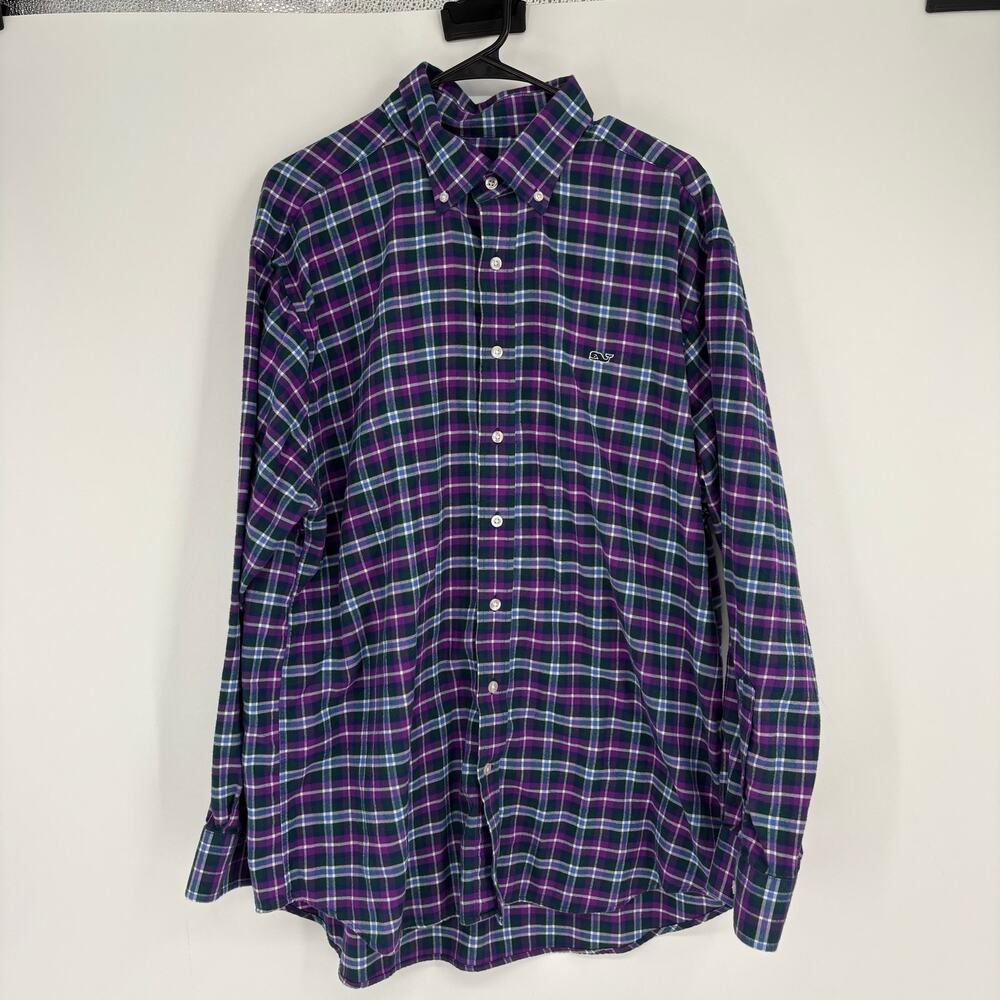 Vineyard Vines Purple Plaid Flannel Button Down Whale Shirt Size XL Preppy